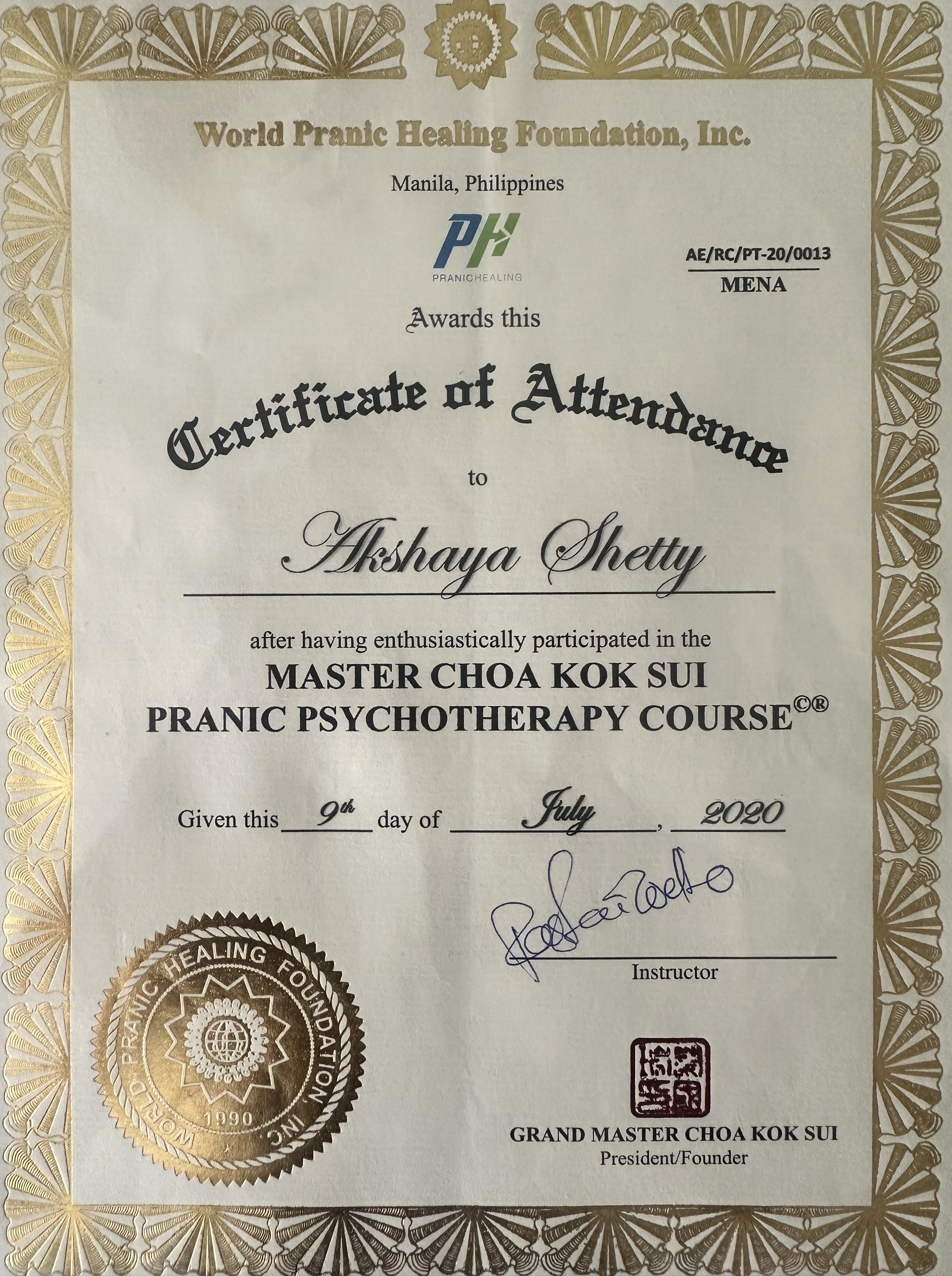 Pranic Psychotherapy Course, Certificate of attendance