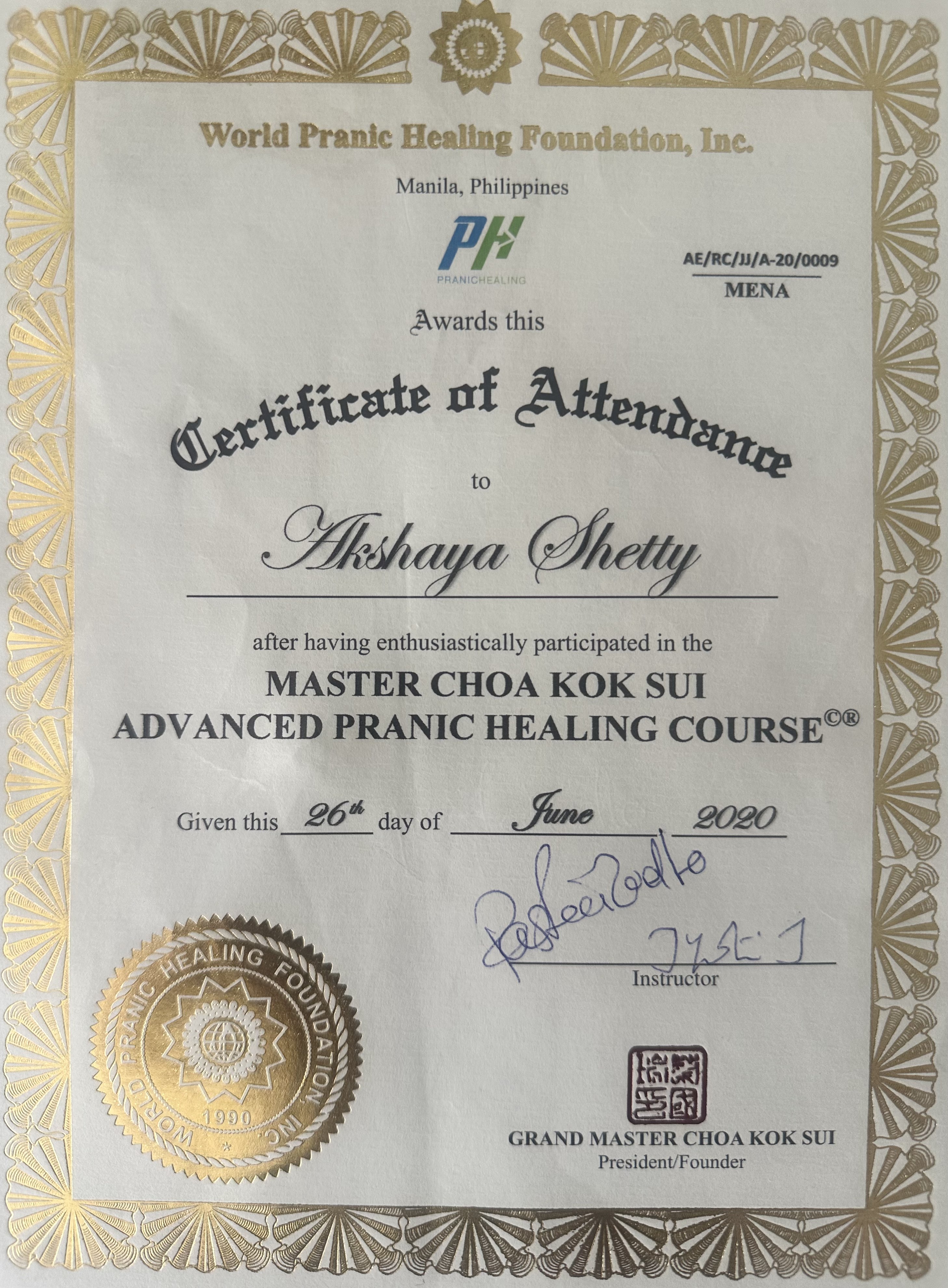 Advanced Pranic Healing, Certificate of attendance
